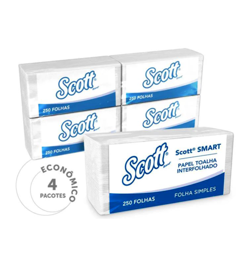 Papel Toalha Interfolhado Scott® Smart Folha Simples 250 Folhas - Caixa com 4 Unidades