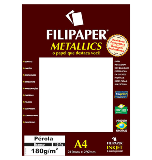 Filipaper METALLICS Pérola Branco 180g/m² A4 com 15 Folhas