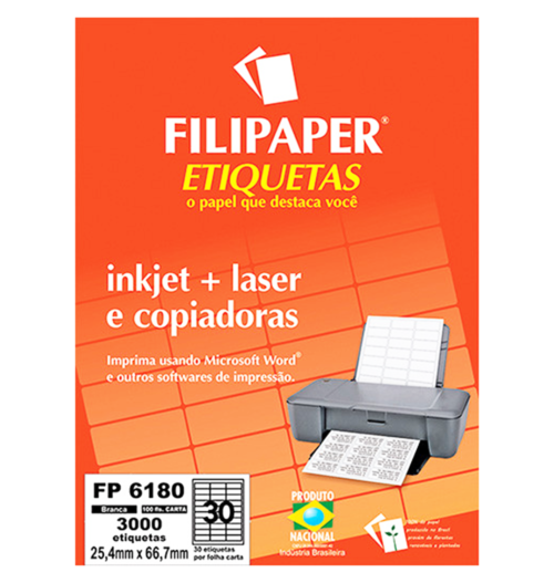 FP 6180 Filipaper Etiqueta 25,4x66,7 mm - 30 etiquetas por folha Carta 100 Folhas