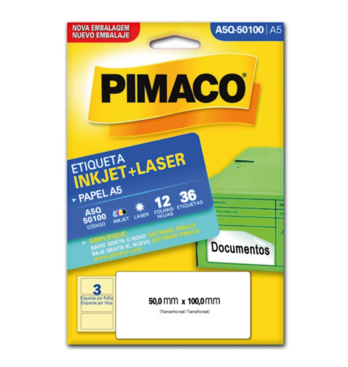 Etiqueta Inkjet Laser A5 A5Q-50100 50,0x100,0mm - Pimaco