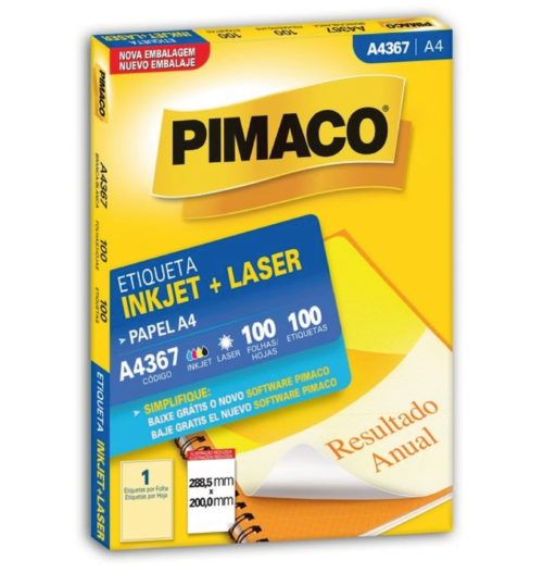 Etiqueta Inkjet Laser A4 A4367 288,5x200,0mm - Pimaco