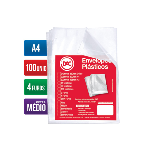 Envelope Plástico A4 Espssura Extra Médio 4 Furos 100 unid. - DAC