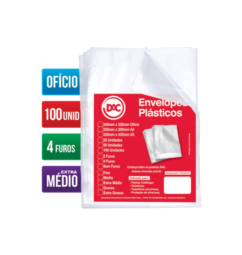 Envelope Plástico Ofício Espessura Extra Médio 4 Furos com 100 unid. - DAC