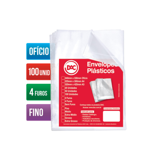Envelope Plástico Ofício Fino 4 Furos com 100 unid. - DAC